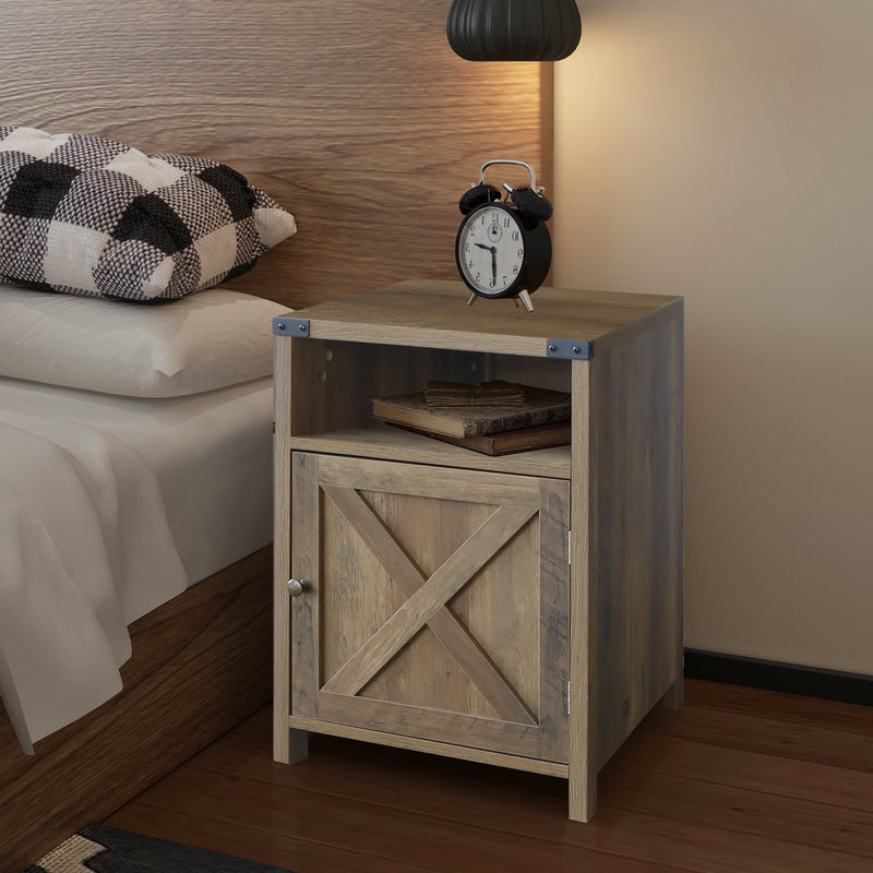 Farmhouse Nightstand with Cabinet and Shelves (Shaded Oak)
