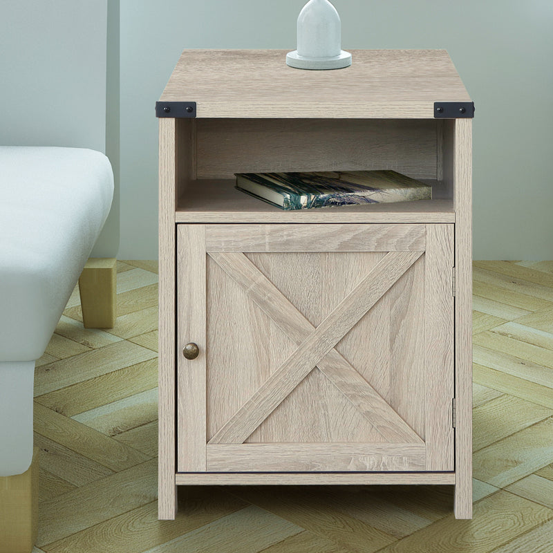 Farmhouse Nightstand with Cabinet and Shelves (White Oak)