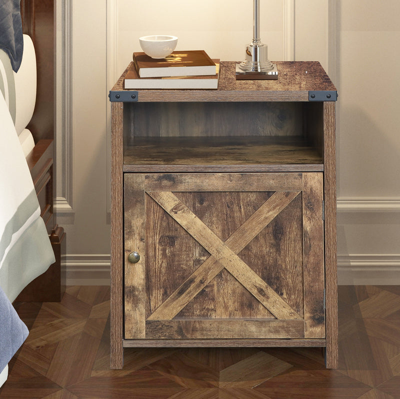 Farmhouse Nightstand with Cabinet and Shelves (Rustic Wood)