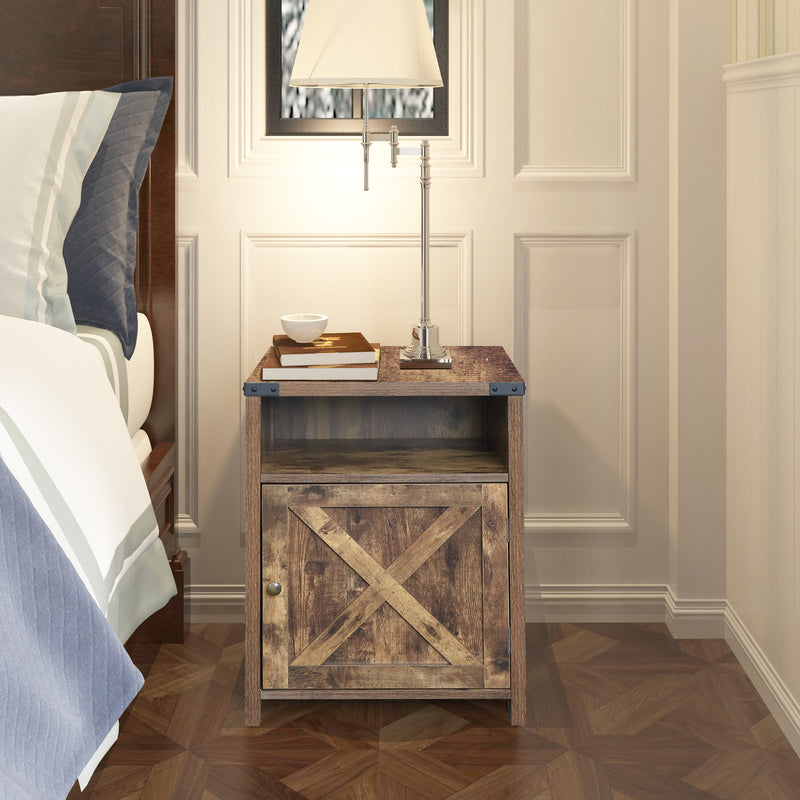 Farmhouse Nightstand with Cabinet and Shelves (Rustic Wood)