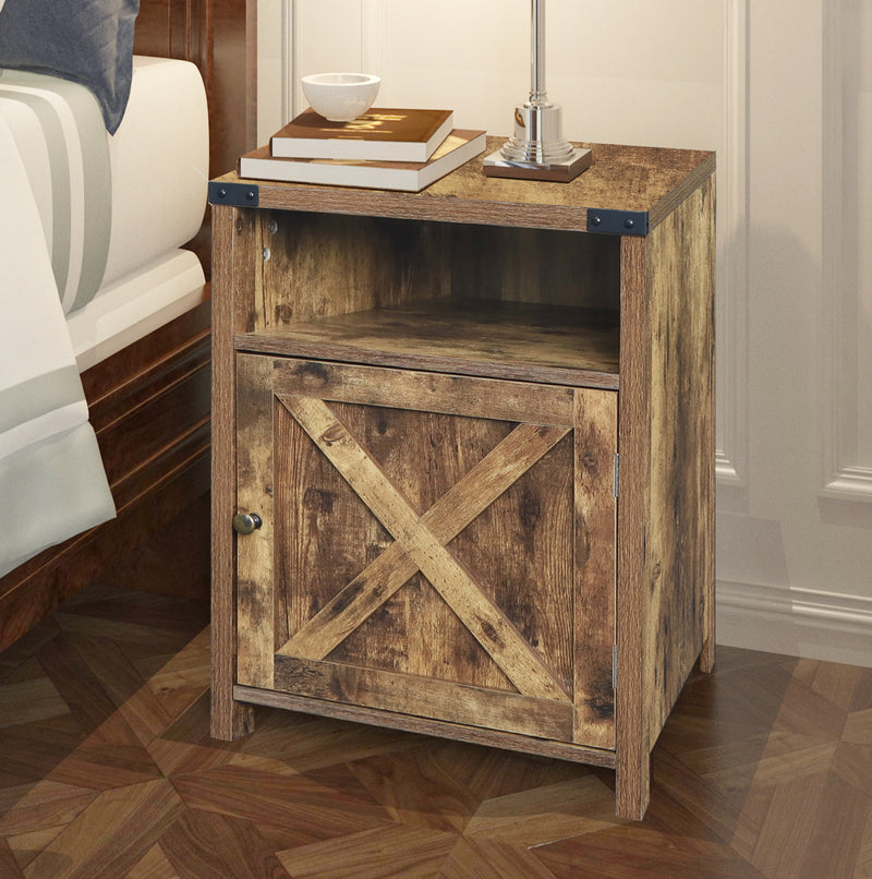 Farmhouse Nightstand with Cabinet and Shelves (Rustic Wood)