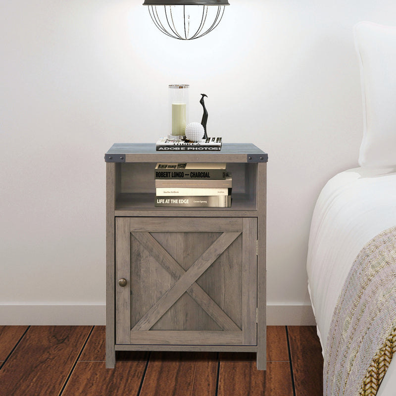 Farmhouse Nightstand with Cabinet and Shelves (Washed Oak)