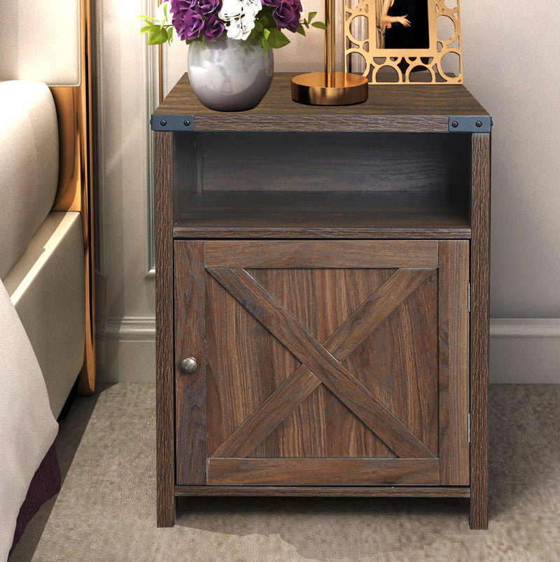 Farmhouse Nightstand with Cabinet and Shelves (Dark Walnut)
