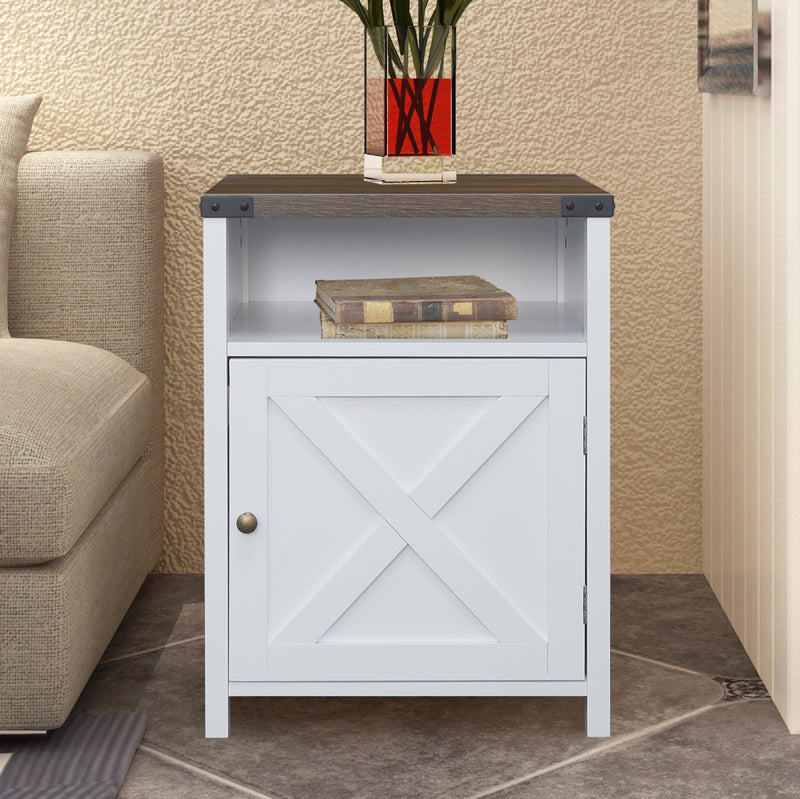 Farmhouse Nightstand with Cabinet and Shelves (White/Dark Walnut)