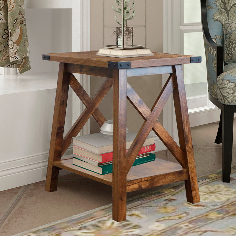 Farmhouse Side Table End Table with 2-Tier Storage, Rustic Wood