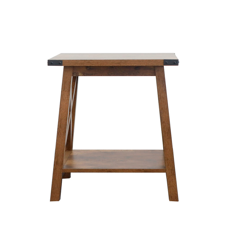 Farmhouse Side Table End Table with 2-Tier Storage, Rustic Wood
