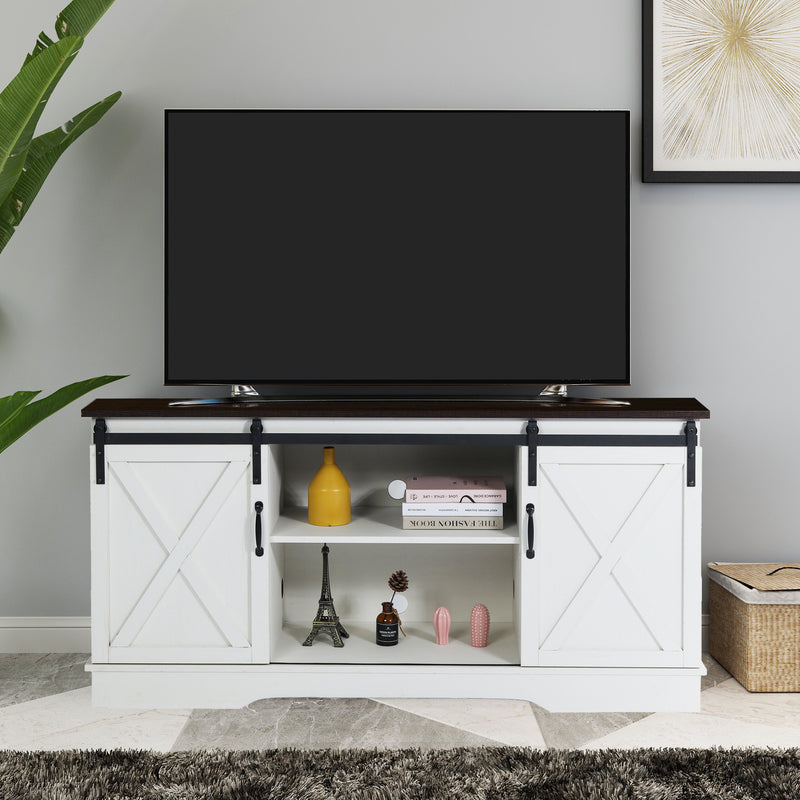 Farmhouse Sliding Barn Door TV Stand for TVs up to 65", Vintage White/Espresso